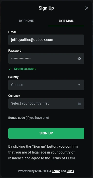 Formulaire d'inscription LeonBet